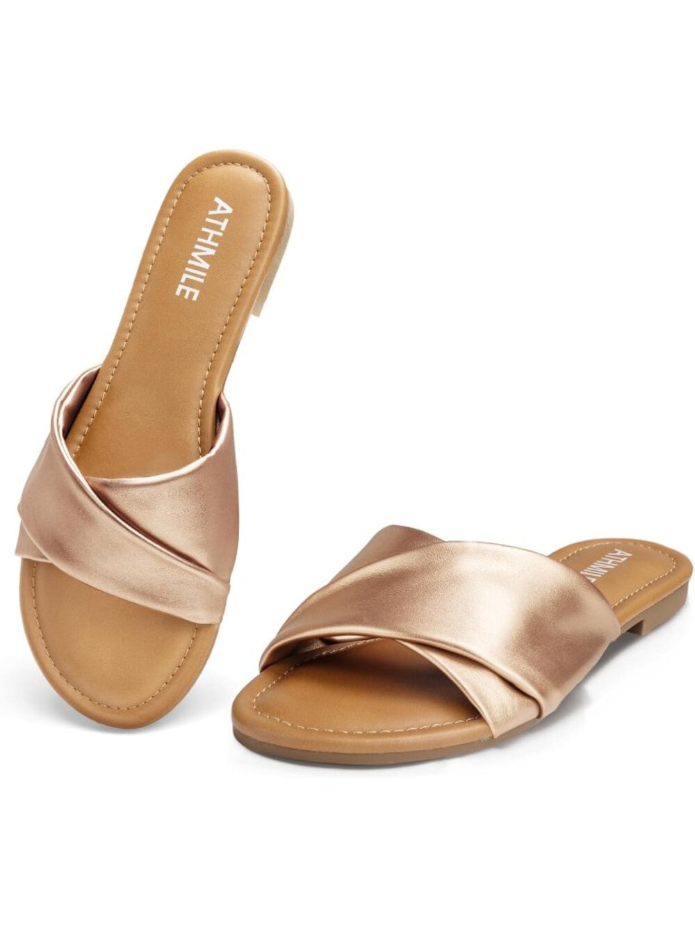 Women's Gold Comfortable Fashion Leather Dressy Summer Slide Flat Sandal Shoes